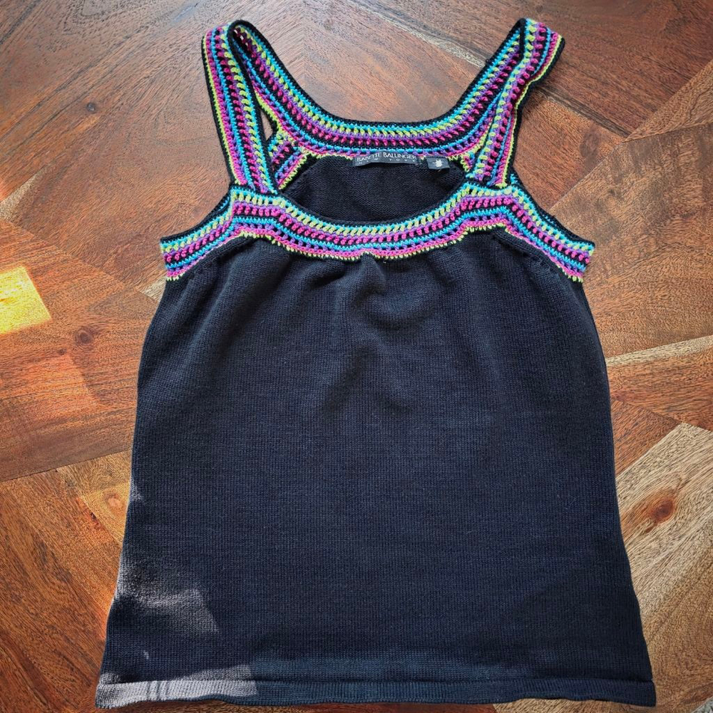 Women's Babette Ballinger Black Knit Tank Top L with Multicolor Crochet Trim Y2K